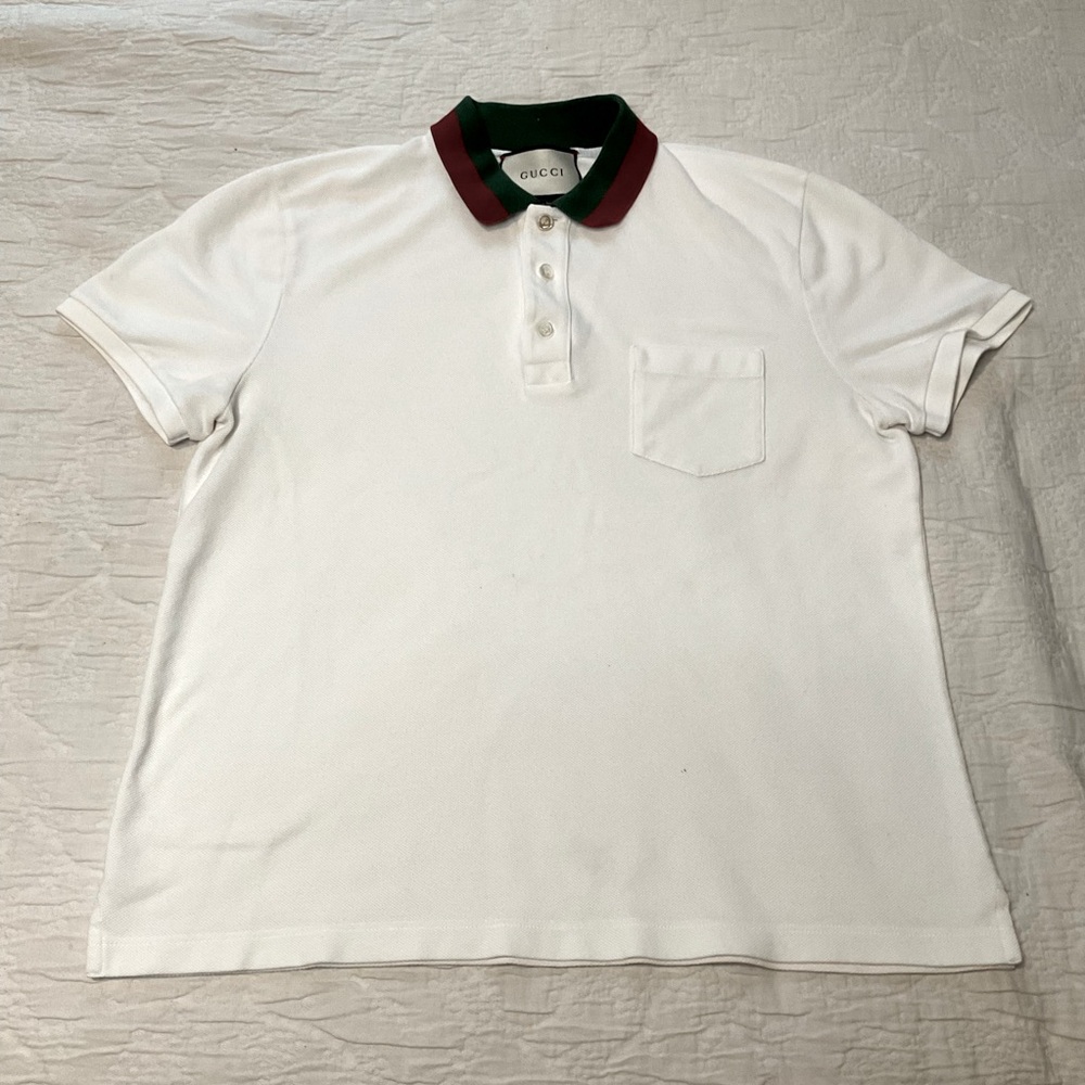 Gucci Cotton Piquet Polo White Web Green Red Collar Size Large
